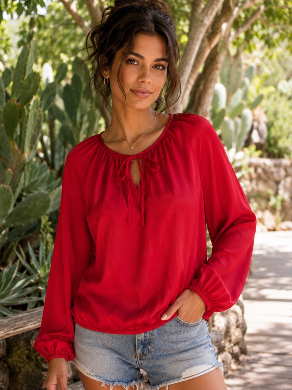 W By Wenjie Red Satin Tie Neck Blouse Balloon Sleeve Silky Top Women’s Medium